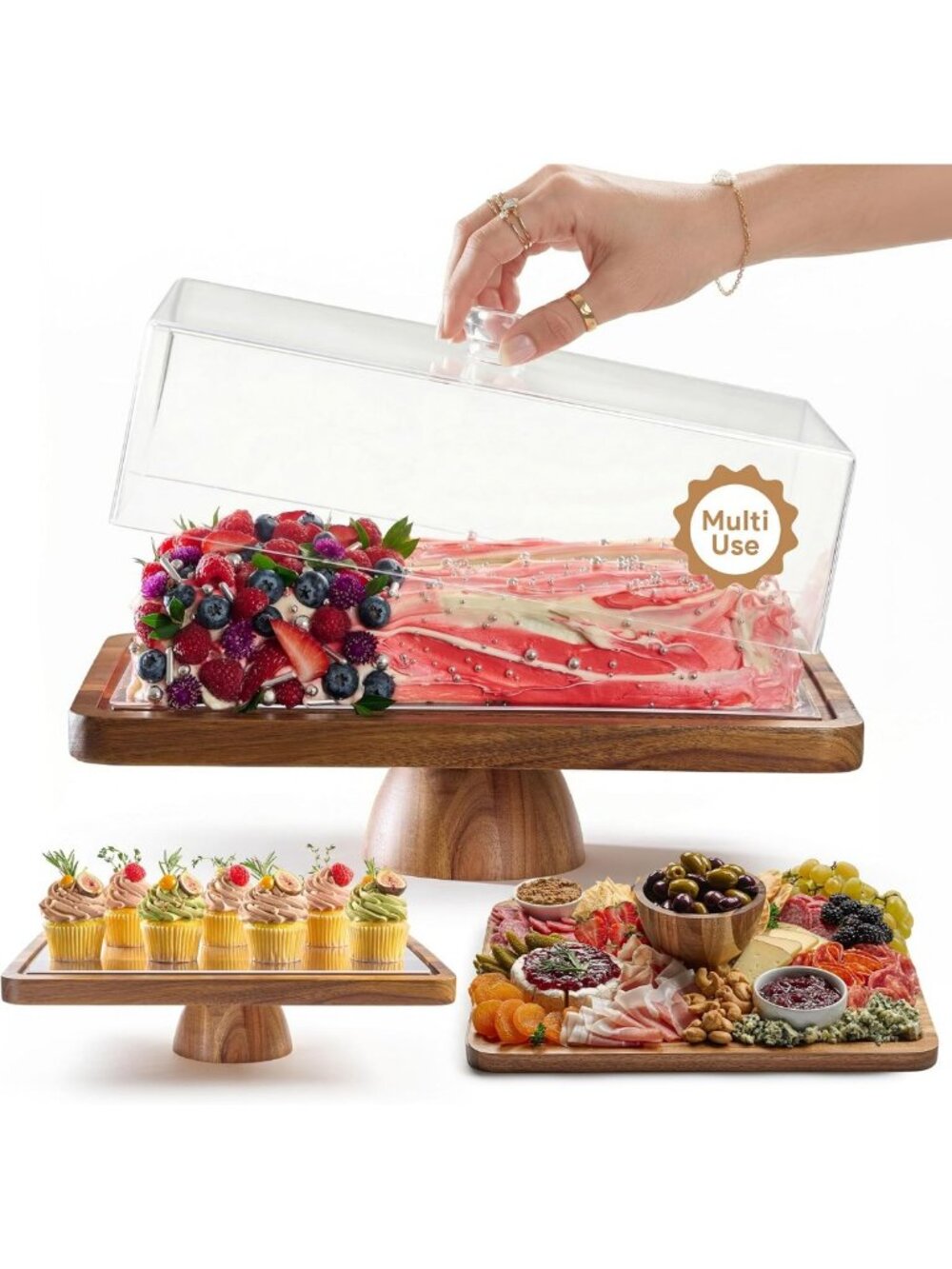 Acacia Wood Cake Stand with Lid & Charcuterie Board - 2-in-1 Serving Tray, 17x13